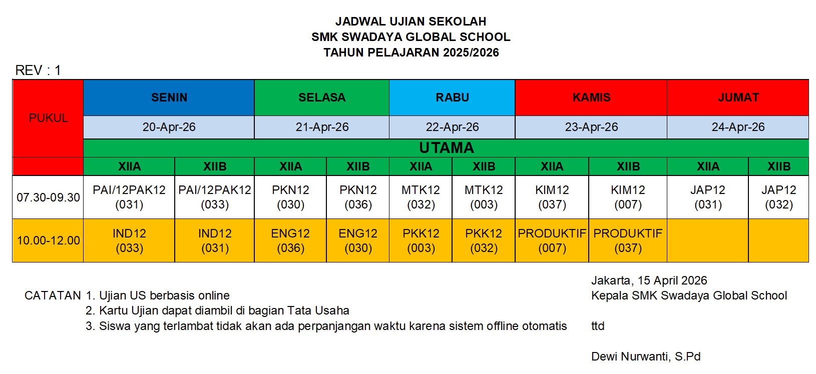 Jadwal US Kelas 12